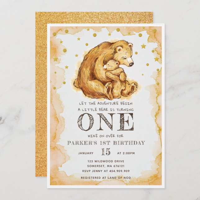 Invitation Belle Aquarelle Ours Anniversaire (Devant / Derrière)