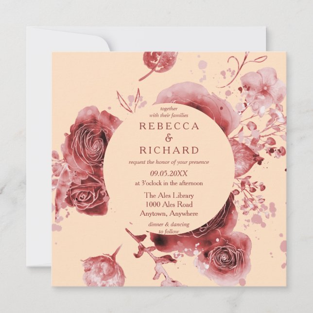 Invitation Belle Aquarelle Pêcher mariage floral Bourgogne (Devant)