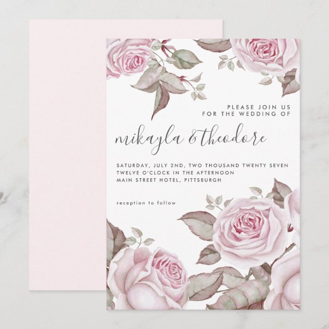 Invitation Belle Aquarelle rose pâle Rose Mariage (Devant / Derrière)