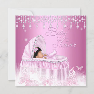 Invitation Belle Baby Shower Ethnique Papillon Rose Pailleté