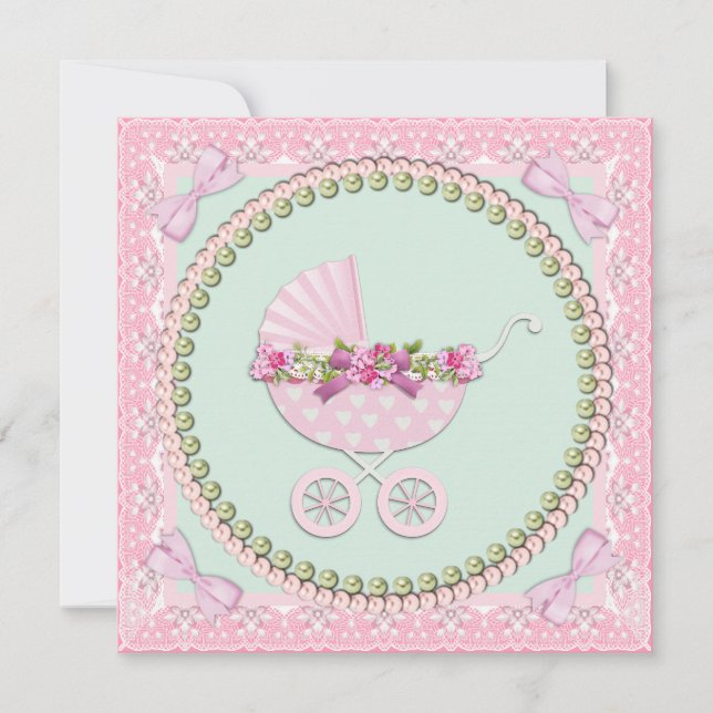 Invitation Belle Baby Shower Rose et Vert Perle (Devant)