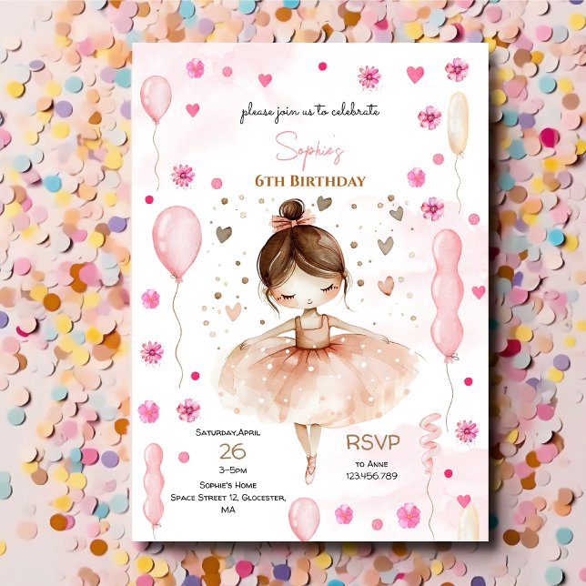 Invitation Belle ballerine rose et ballons anniversaire (Créateur téléchargé)