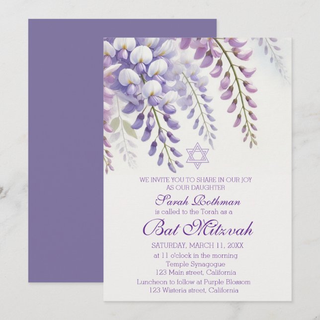 Invitation Belle Bat Mitzvah Florale Wisteria Violette (Devant / Derrière)
