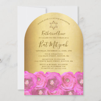 Invitation Belle Bat Mitzvah Rose Fleurie Or