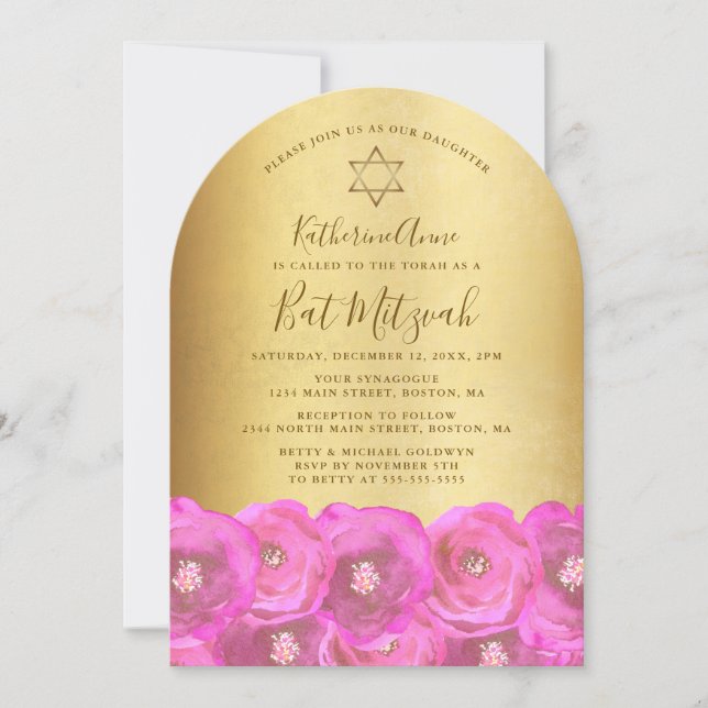 Invitation Belle Bat Mitzvah Rose Fleurie Or (Devant)