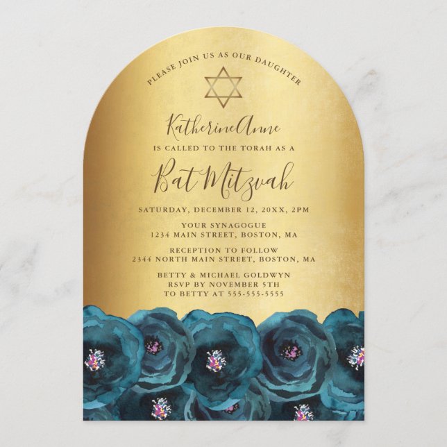 Invitation Belle Bat Mitzvah Rose Florale Turquoise Or (Devant)