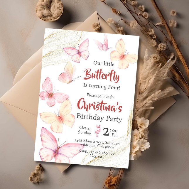 Invitation Belle Bélette à thème papillon moderne 4e annivers (Front )