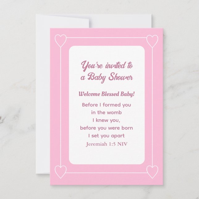 Invitation Belle Bible Baby shower Verse Rose clair Simple (Devant)