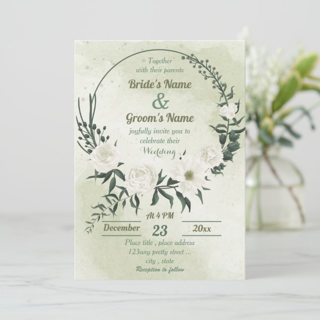 Invitation belle blanche fleurie verte mariage de couronne (Debout devant)