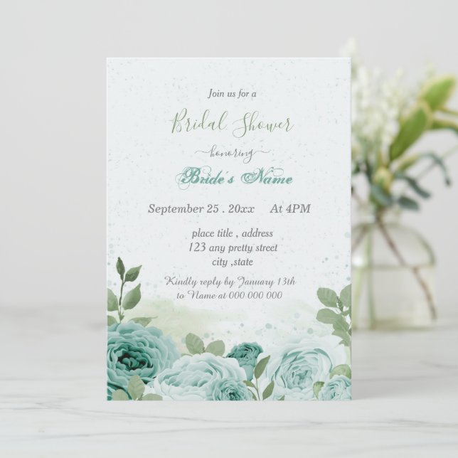 Invitation belle bleue fleurs vert feuille nuptiale douche (Debout devant)