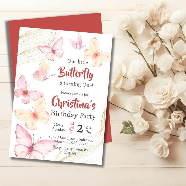 Invitation Belle bliss à thème papillon moderne 1er anniversa (Front/Back )