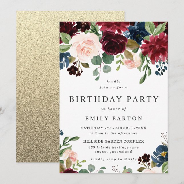 Invitation Belle Blush & Burgundy Gold Birthday Party (Devant / Derrière)