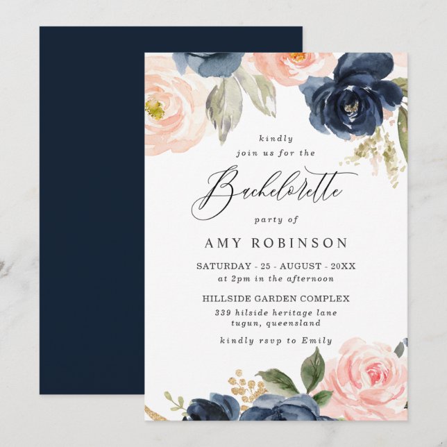 Invitation Belle Blush & Navy Fleurs Bachelorette Party (Devant / Derrière)