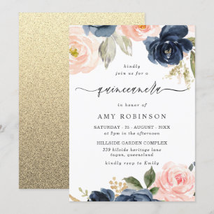 Invitation Belle Blush & Navy Fleurs Quinceanera Party