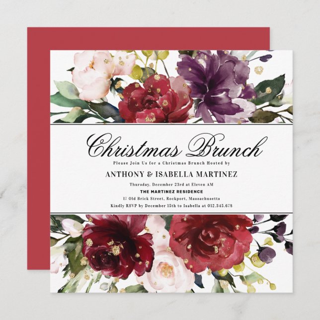Invitation Belle Bourgogne Rouge Floral Noël Brunch (Devant / Derrière)