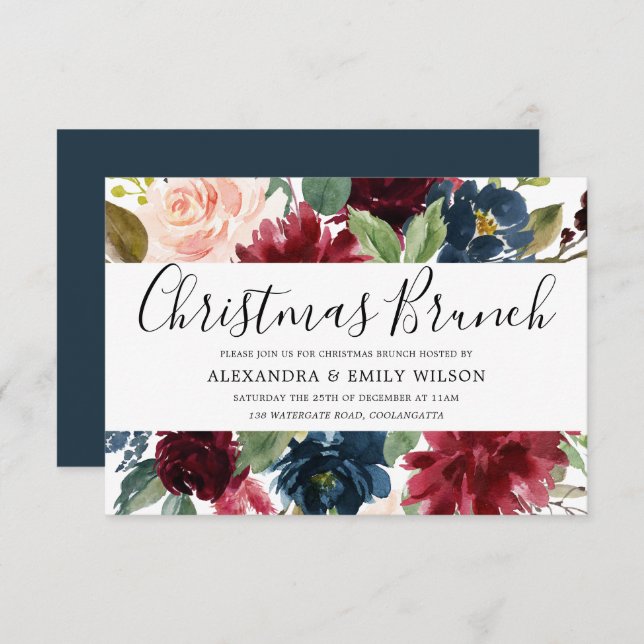 Invitation Belle Bourgogne Rouge Floral Noël Brunch (Devant / Derrière)