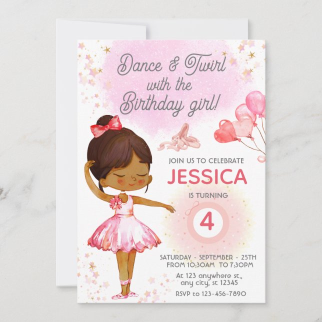 Invitation Belle Brunette Ballerina fille anniversaire ballet (Devant)