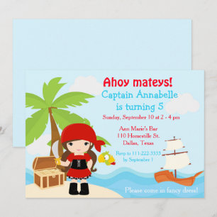 Invitation Belle Brunette Pirate Girl Anniversaire