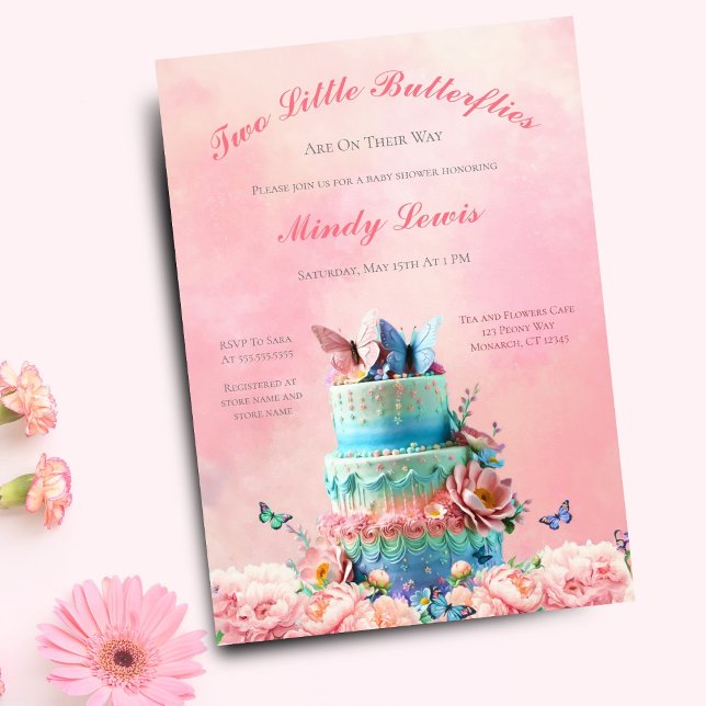Invitation Belle Butterflies Twins Baby shower gâteau (Elegant, whimsical invitation for a memorable twin girls' baby shower.)