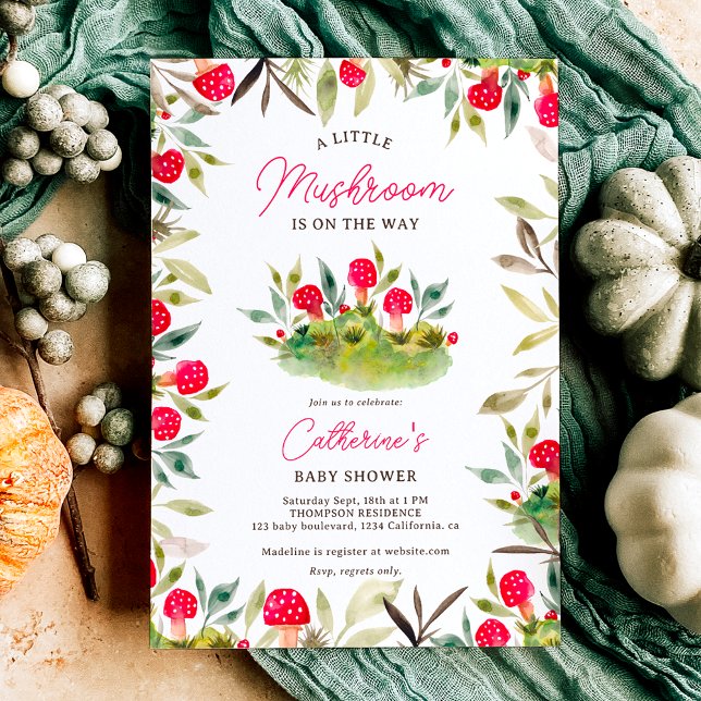 Invitation Belle cascade petit baby shower champignon (Cute fall hand painted watercolor little mushroom baby shower invitation)