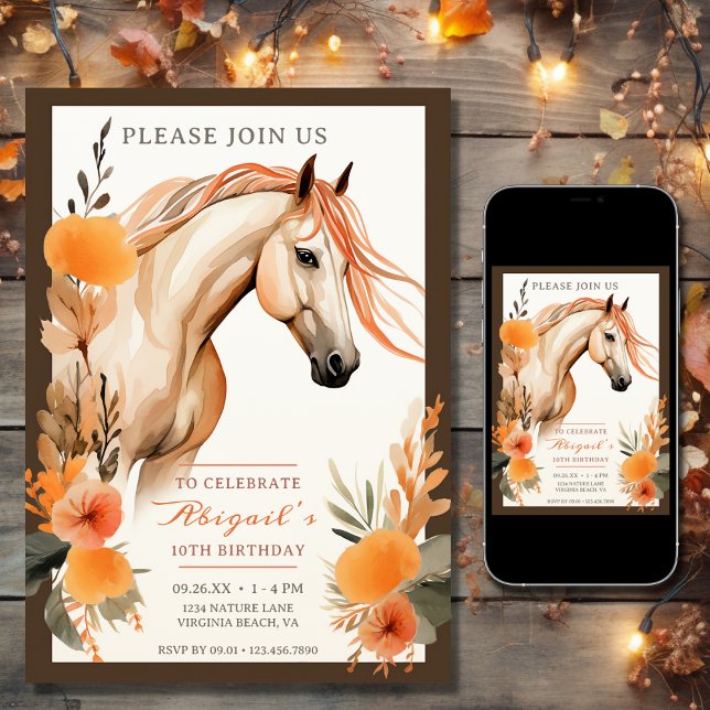 Invitation Belle Cheval et Fleurs d'Automne Anniversaire (Printed and Digital - Beautiful Horse and Autumn Flowers Fall Birthday Invitation)