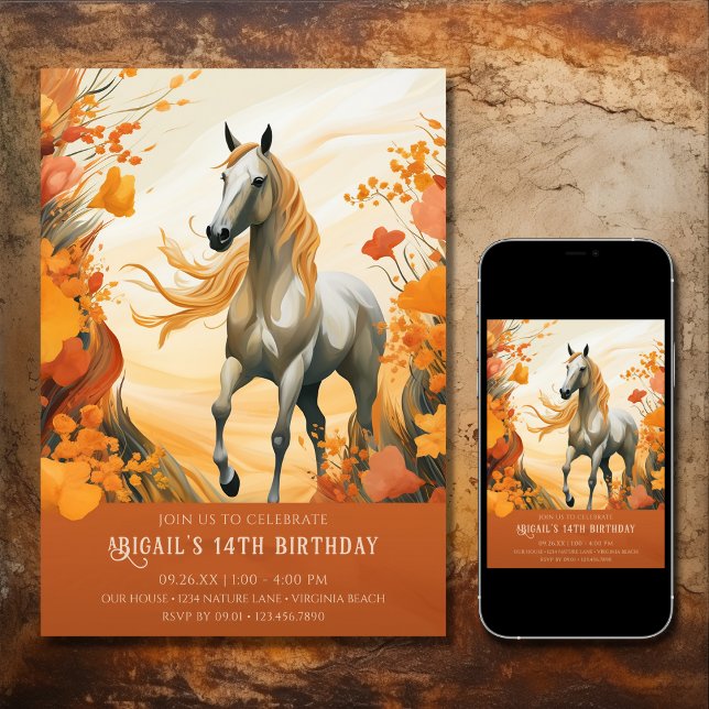 Invitation Belle Cheval et Fleurs d'Automne Anniversaire (Printed and Digital - Beautiful Horse and Autumn Flowers Fall Birthday Invitation)