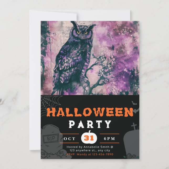 Invitation Belle Chouette Noire et Violette Halloween Noir (Devant)