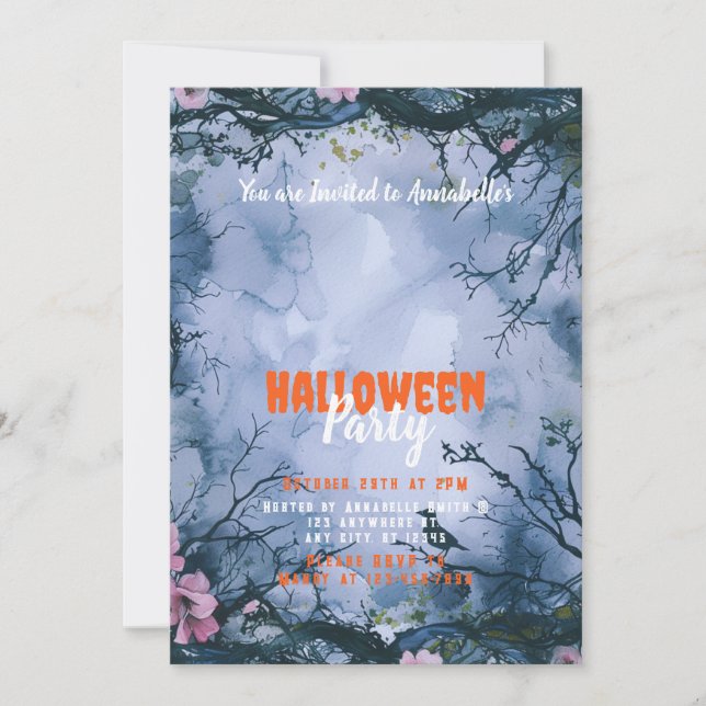 Invitation Belle Ciel Bleu Fleurs Roses Soirée Halloween (Devant)