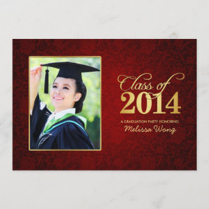 Invitation Belle classe florale rouge de damassé et d'or de