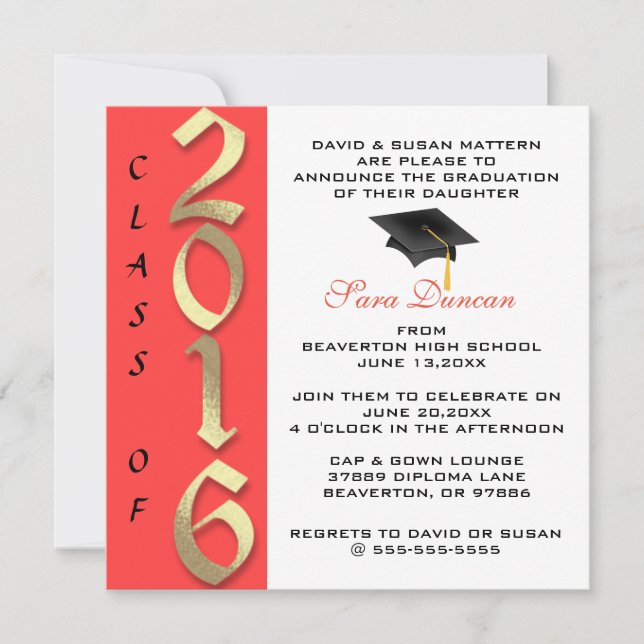 Invitation Belle Classique Élégante 2016 Graduation Invitatio (Devant)