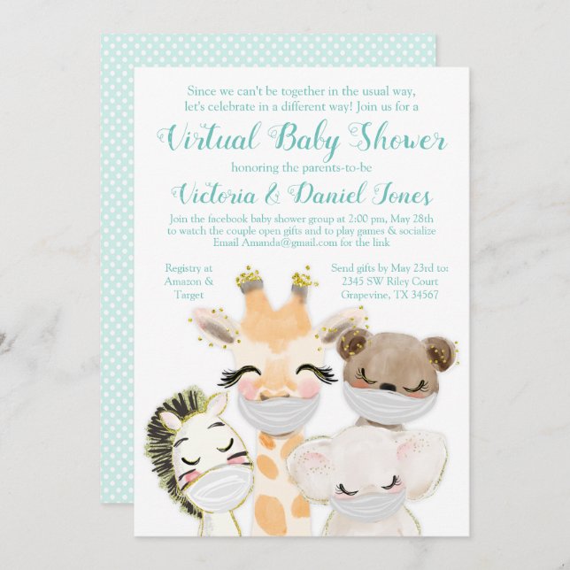 Invitation Belle Conduite Par Baby shower Bébé Animaux Masque (Devant / Derrière)