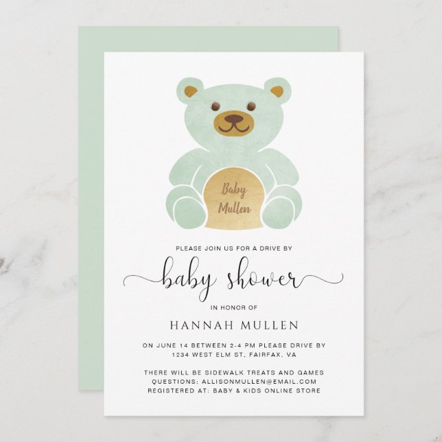 Invitation Belle Conduite Par Baby shower Teddy Bear Mint (Devant / Derrière)