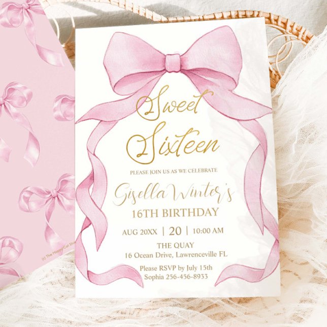 Invitation Belle Coquette Pink Ribbon Bows Sweet 16 Anniversa (Créateur téléchargé)