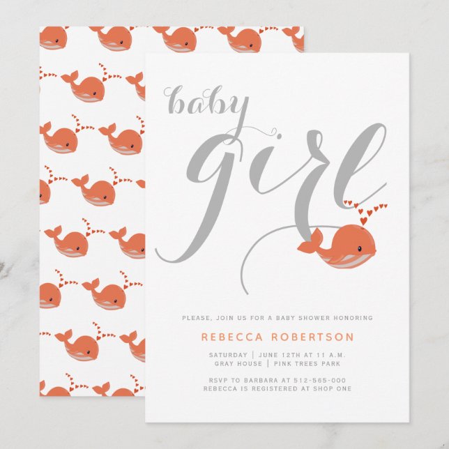 Invitation Belle corail typographie bébé fille douche (Devant / Derrière)