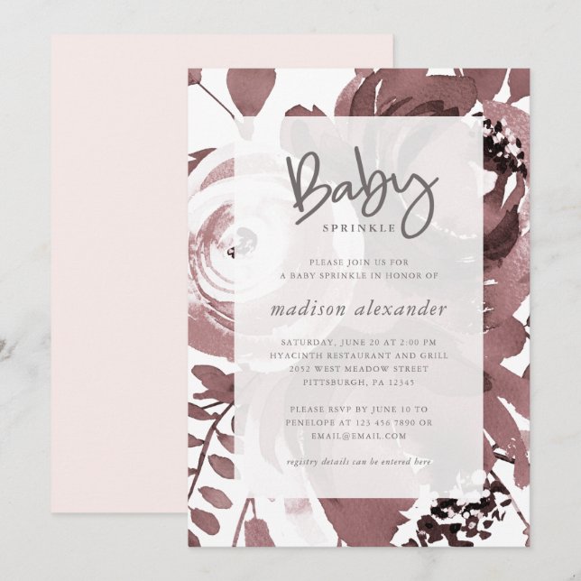 Invitation Belle couleur Rose floral Blush Baby Sprinkle (Devant / Derrière)