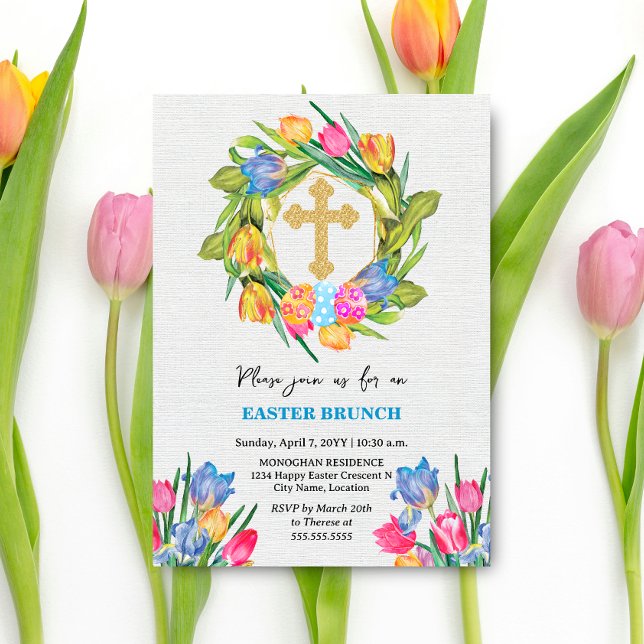 Invitation Belle Croix d'or OEufs de Pâques Tulipes (Beautiful gold cross, tulip wreath and Easter Eggs brunch invitation front view.)