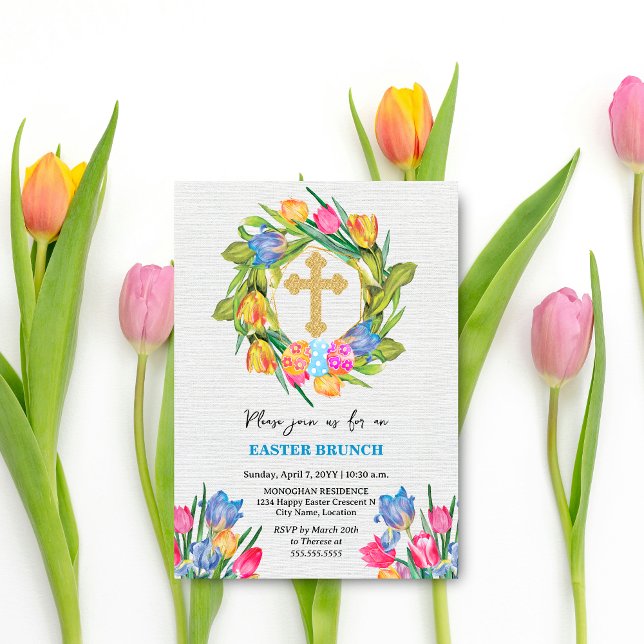 Invitation Belle Croix d'or OEufs de Pâques Tulipes (Beautiful gold cross, tulip wreath and Easter Eggs brunch invitation front view.)