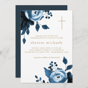 Invitation Belle Croix Florale Bleue Confirmation