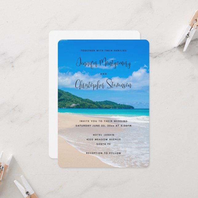 Invitation Belle Destination Tropicale Sandy Beach Mariage (Devant/Arrière en situation)