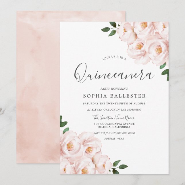 Invitation Belle Douce Fleurs Roses Douces Quinceanera (Devant / Derrière)