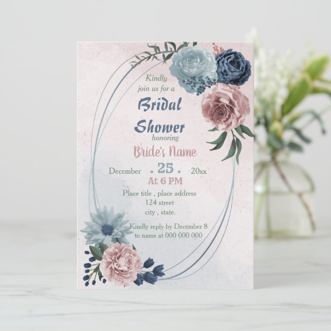 Invitation belle douche nuptiale à fleurs rose (Debout devant)