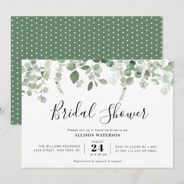 Invitation belle douche nuptiale à l'eucalyptus verte (Devant / Derrière)