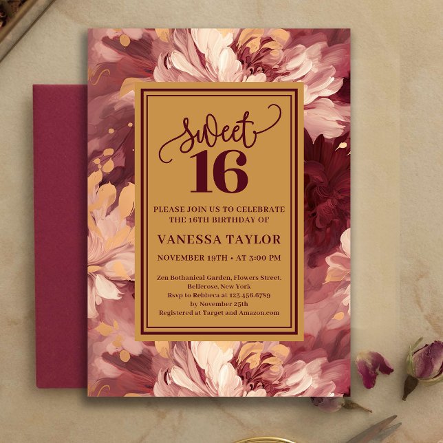 Invitation Belle Douzième Anniversaire Bourguignon (Beautiful Sweet Sixteen Burgundy Blush Boho Invite)