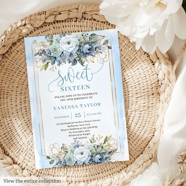 Invitation Belle Dusty Bleu Blanc Or Fleurs Douce 16 (Beautiful Dusty Blue White Gold Flowers Sweet 16 Invitation)