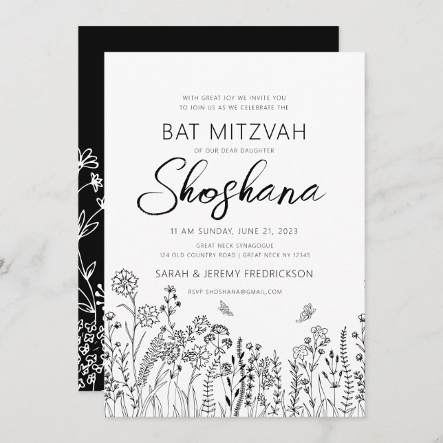 Invitation Belle écriture de Bat Mitzvah avec croquis floral  (Devant / Derrière)