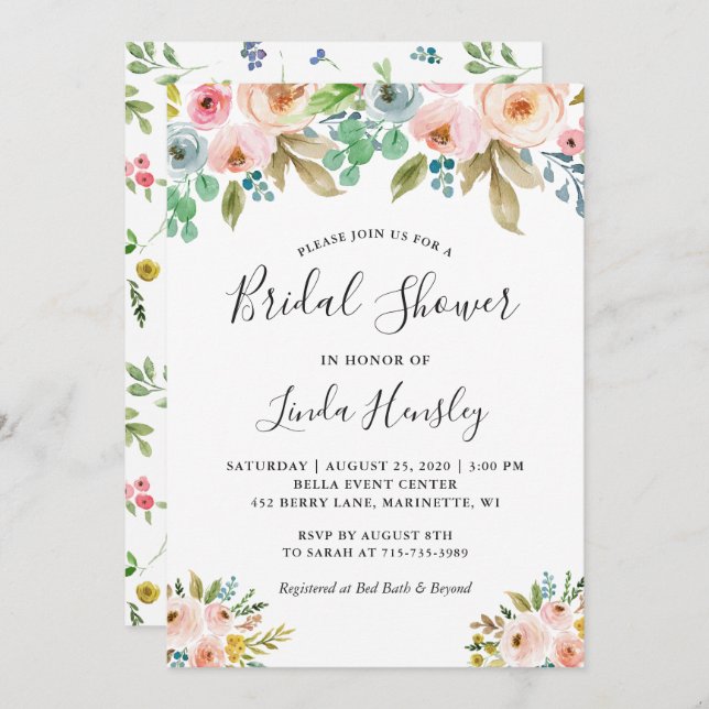 Invitation Belle Elégance Aquarelle Fête des mariées florale (Devant / Derrière)