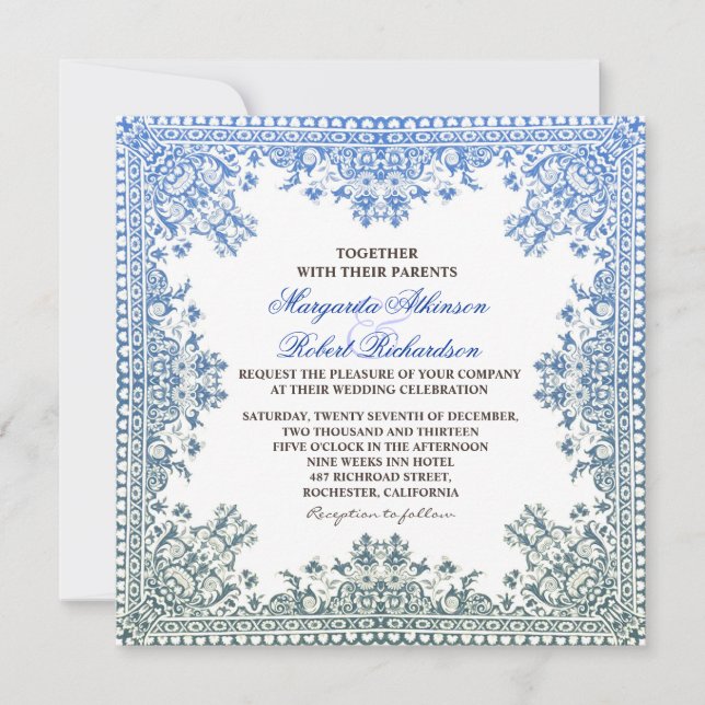 Invitation belle élégance cadre bleu mariage invite (Devant)