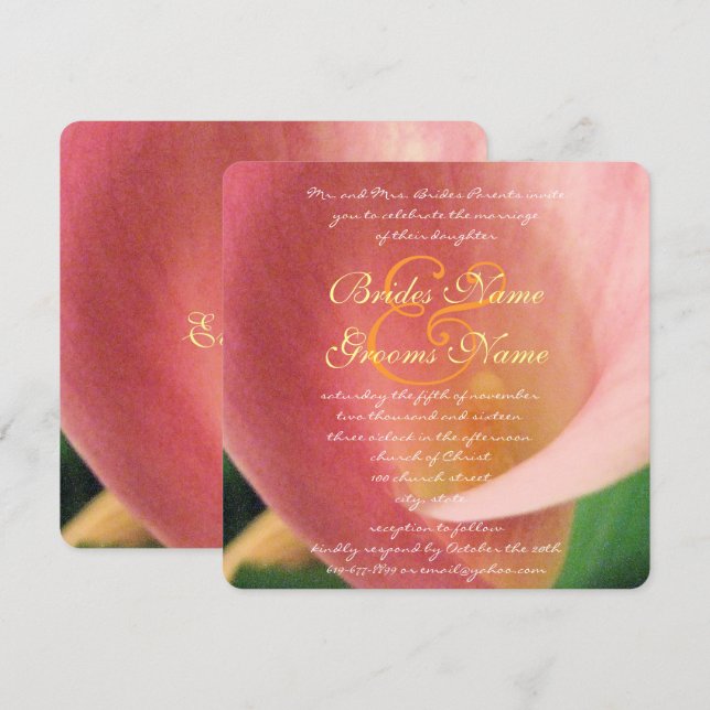 Invitation Belle Elégante Calla Rose pâle Mariage (Devant / Derrière)