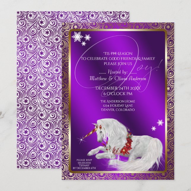 Invitation Belle Fantaisie Licorne de Noël Joie Violet (Devant / Derrière)