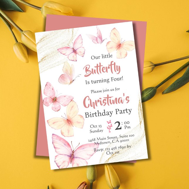 Invitation Belle félicité moderne à thème papillon 4 e annive (Front/Back )